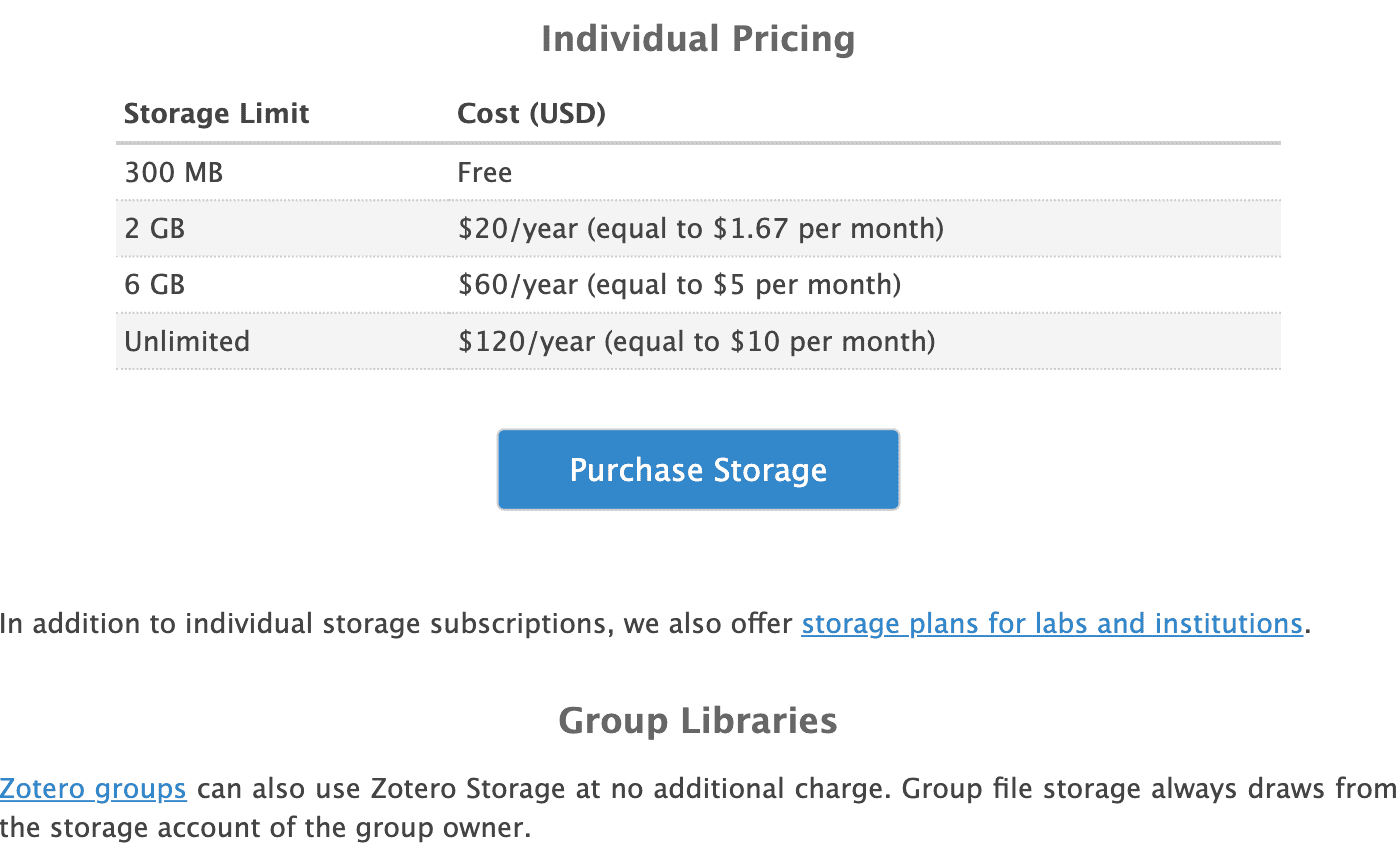 Zotero storage pricing tiers